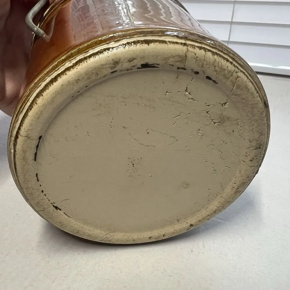 Vintage Brown Glazed Stoneware Cheese Crock Lid Locking Wire Bail Jar Flaws 5”